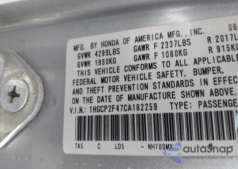 2012 Honda Accord Lxp from USA, damaged, VIN 1HGCP2F47CA182259